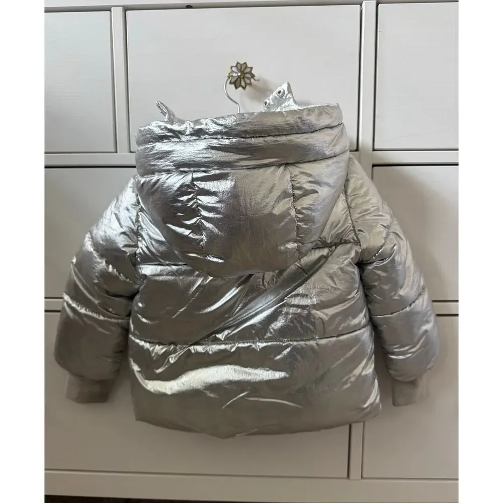 GAP 2T Girls Silver Metallic Hooded Sherpa Puffer Winter Jacket